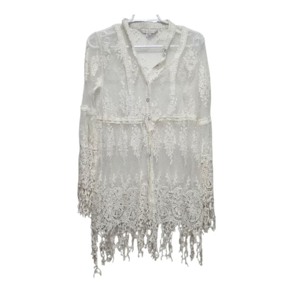 Boston Proper Lace Mesh Fringe Duster Cardigan Ivory Small